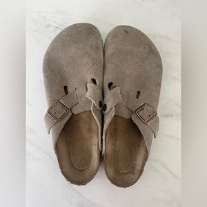 Birkenstock Taupe Suede Clogs with Buckle
